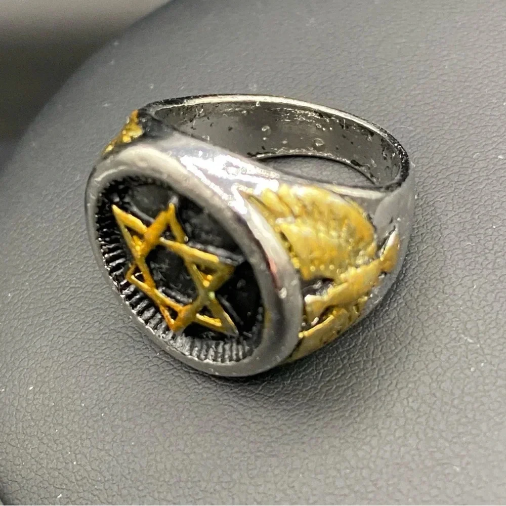 Gold Plated Stainless Steel 6 Point Star Ring with Eagle Design Size 8
